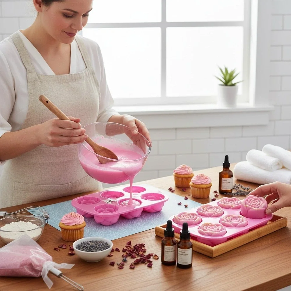Rose Flower Silicone Molds Set of 2 6 Cavity Pink Baking Soap DIY New